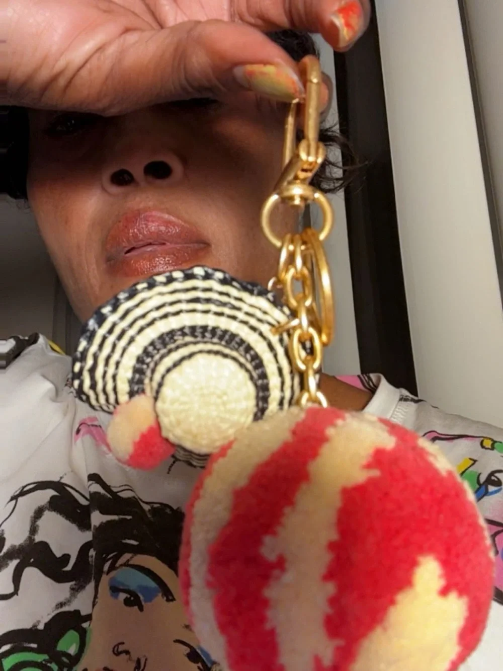Tory Burch Black & Cream Straw Hat Keychain with Pink-Cream Pom